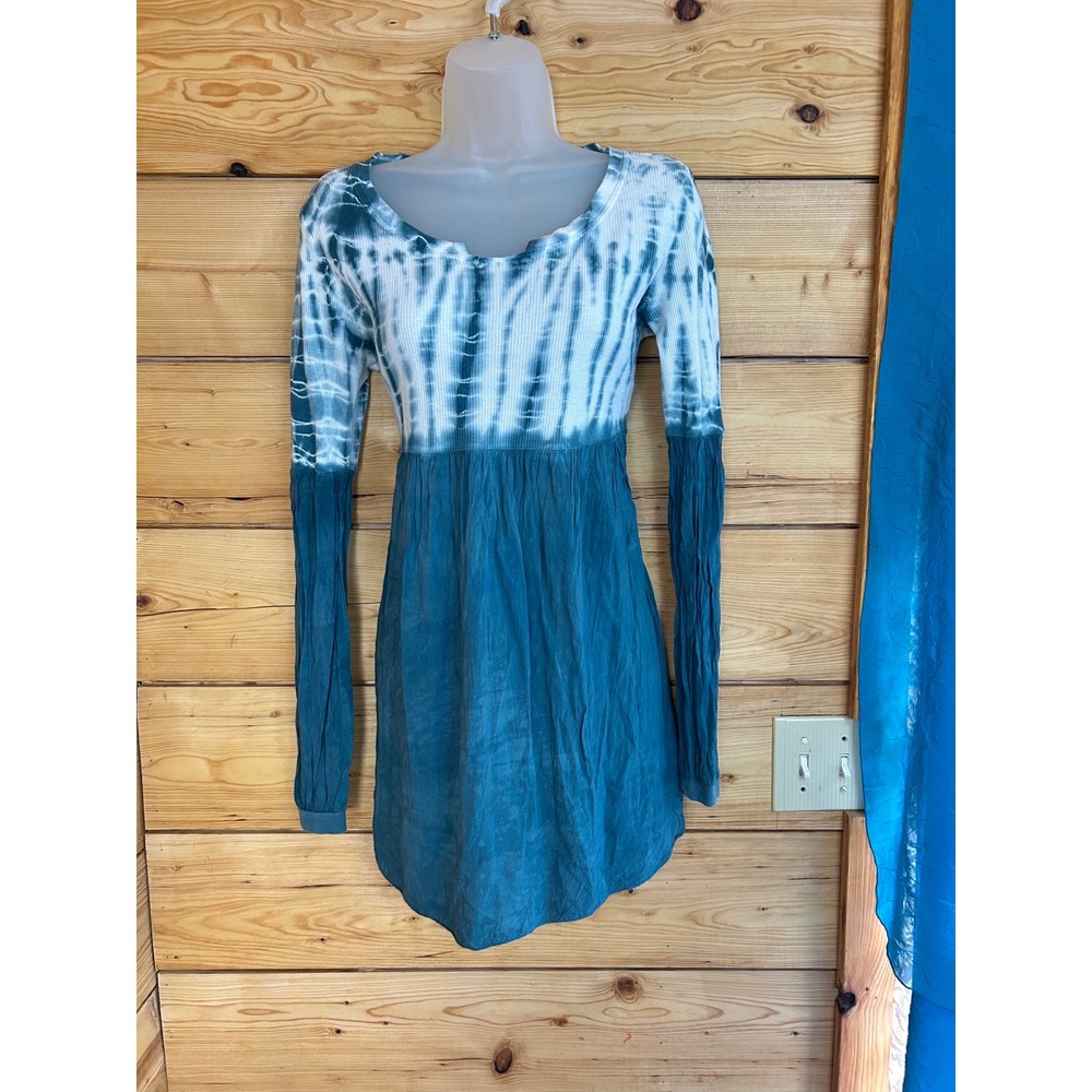 Scent Tie Dye Vintage Babydoll Waffle Knit Tunic Top Blue White Long Sleeve‎ M/L